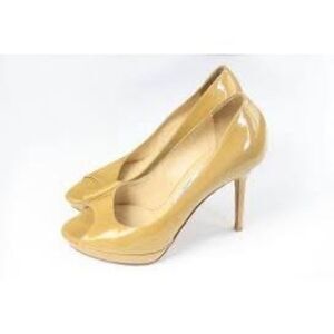 Jimmy Choo Sz 40.5 Open Toe Pump Heels Tan Patent Leather Classic Iconic Formal